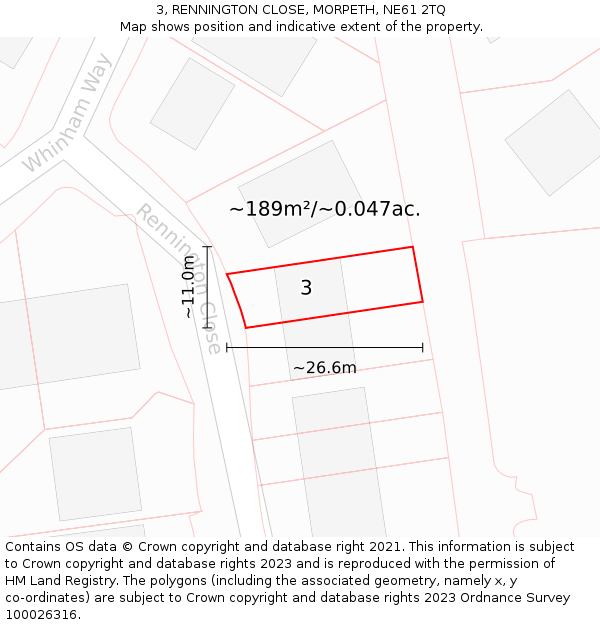 3, RENNINGTON CLOSE, MORPETH, NE61 2TQ: Plot and title map