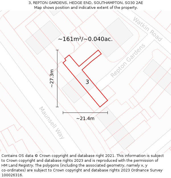 3, REPTON GARDENS, HEDGE END, SOUTHAMPTON, SO30 2AE: Plot and title map