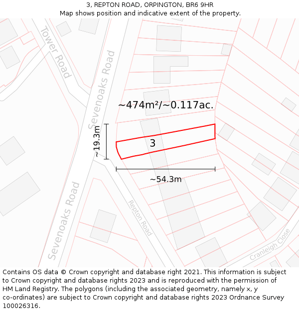 3, REPTON ROAD, ORPINGTON, BR6 9HR: Plot and title map