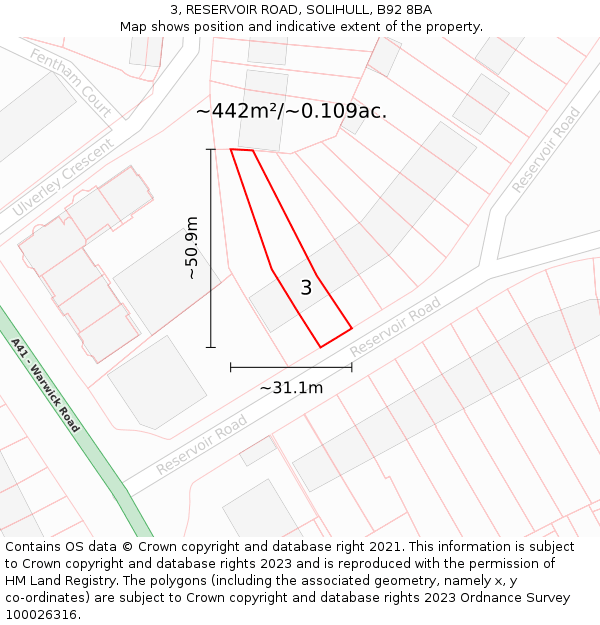 3, RESERVOIR ROAD, SOLIHULL, B92 8BA: Plot and title map