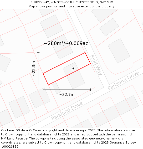 3, RIDD WAY, WINGERWORTH, CHESTERFIELD, S42 6UX: Plot and title map