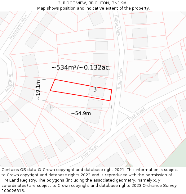 3, RIDGE VIEW, BRIGHTON, BN1 9AL: Plot and title map