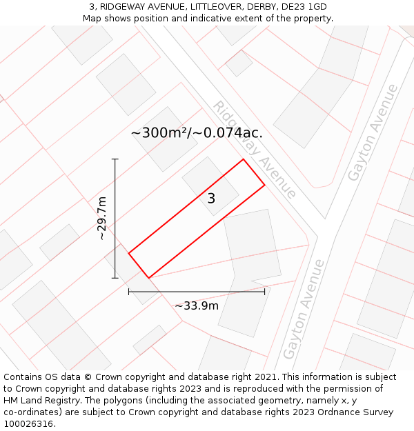 3, RIDGEWAY AVENUE, LITTLEOVER, DERBY, DE23 1GD: Plot and title map