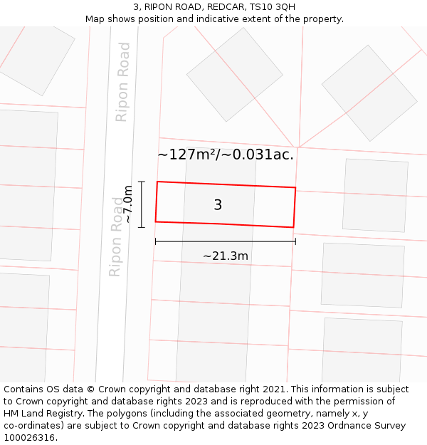 3, RIPON ROAD, REDCAR, TS10 3QH: Plot and title map