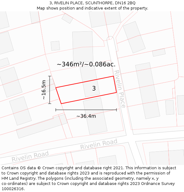 3, RIVELIN PLACE, SCUNTHORPE, DN16 2BQ: Plot and title map