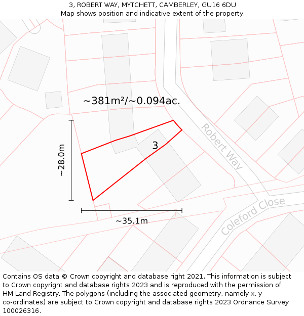 3, ROBERT WAY, MYTCHETT, CAMBERLEY, GU16 6DU: Plot and title map