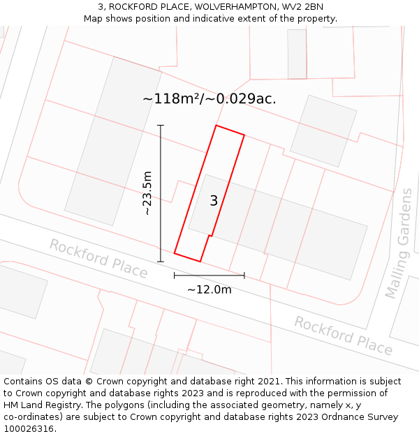 3, ROCKFORD PLACE, WOLVERHAMPTON, WV2 2BN: Plot and title map