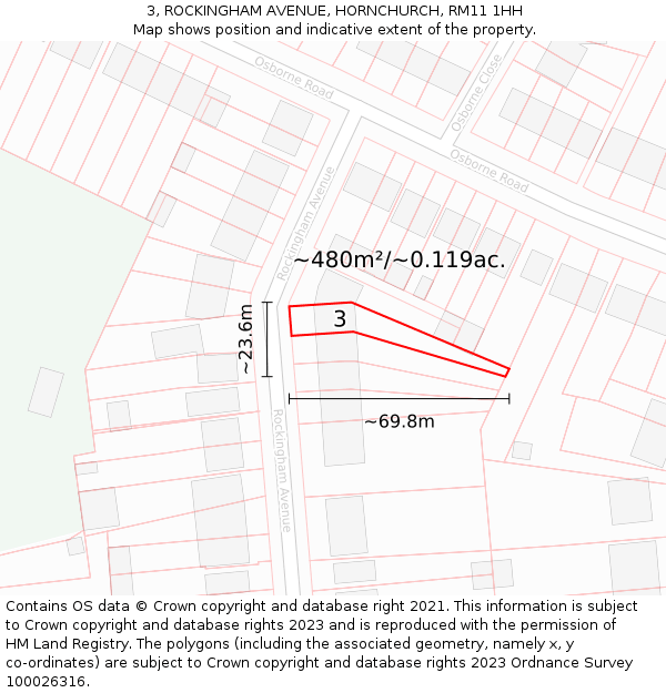 3, ROCKINGHAM AVENUE, HORNCHURCH, RM11 1HH: Plot and title map