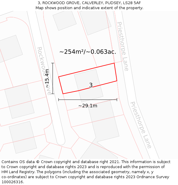 3, ROCKWOOD GROVE, CALVERLEY, PUDSEY, LS28 5AF: Plot and title map