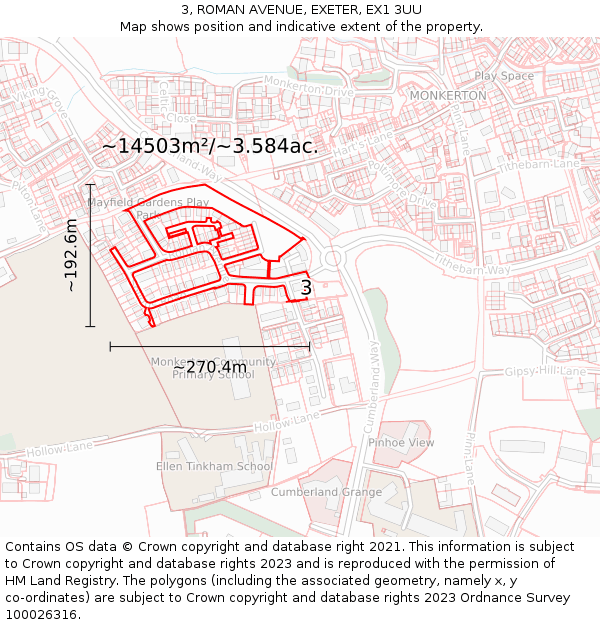 3, ROMAN AVENUE, EXETER, EX1 3UU: Plot and title map