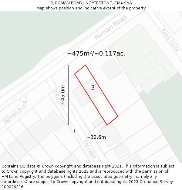 3, ROMAN ROAD, INGATESTONE, CM4 9AA: Plot and title map
