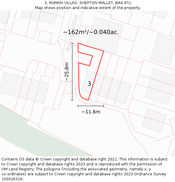 3, ROMAN VILLAS, SHEPTON MALLET, BA4 4TU: Plot and title map