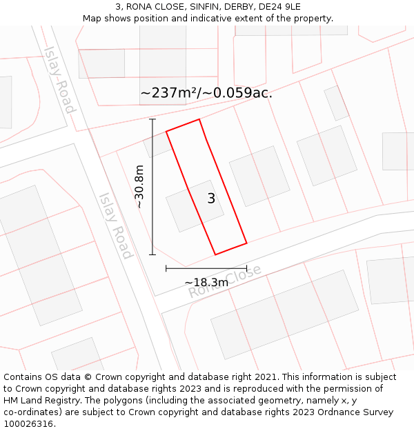 3, RONA CLOSE, SINFIN, DERBY, DE24 9LE: Plot and title map