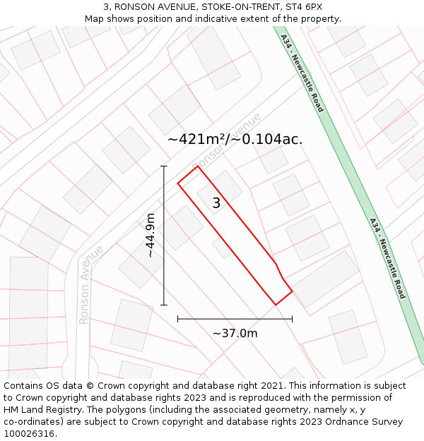 3, RONSON AVENUE, STOKE-ON-TRENT, ST4 6PX: Plot and title map