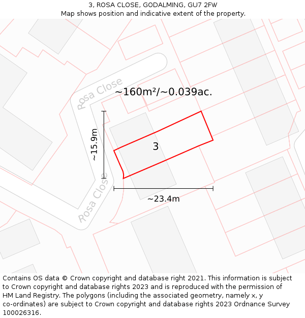 3, ROSA CLOSE, GODALMING, GU7 2FW: Plot and title map