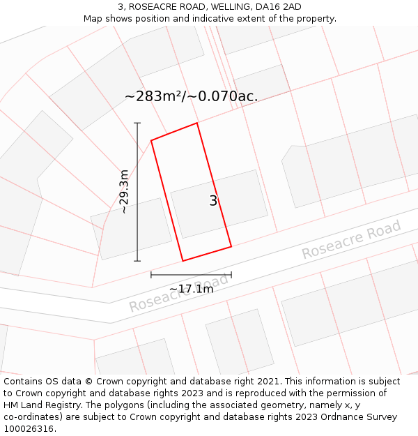 3, ROSEACRE ROAD, WELLING, DA16 2AD: Plot and title map