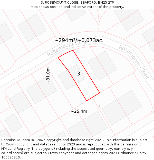 3, ROSEMOUNT CLOSE, SEAFORD, BN25 2TP: Plot and title map