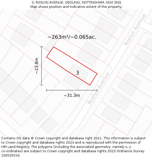 3, ROSLYN AVENUE, GEDLING, NOTTINGHAM, NG4 3NQ: Plot and title map