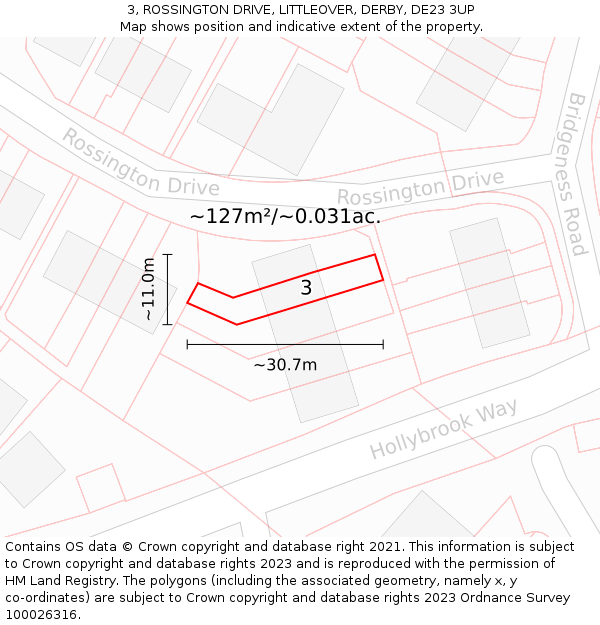 3, ROSSINGTON DRIVE, LITTLEOVER, DERBY, DE23 3UP: Plot and title map