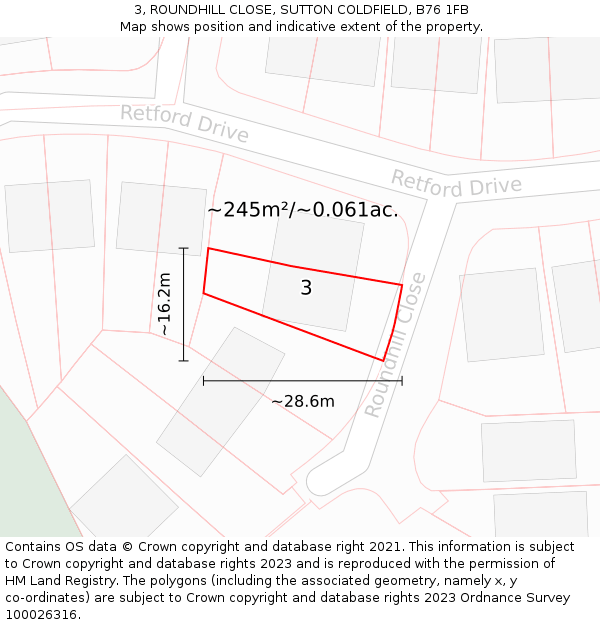 3, ROUNDHILL CLOSE, SUTTON COLDFIELD, B76 1FB: Plot and title map