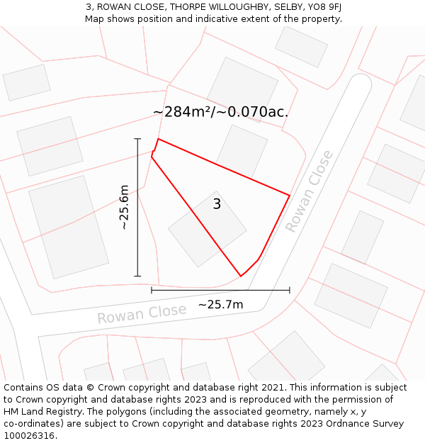 3, ROWAN CLOSE, THORPE WILLOUGHBY, SELBY, YO8 9FJ: Plot and title map