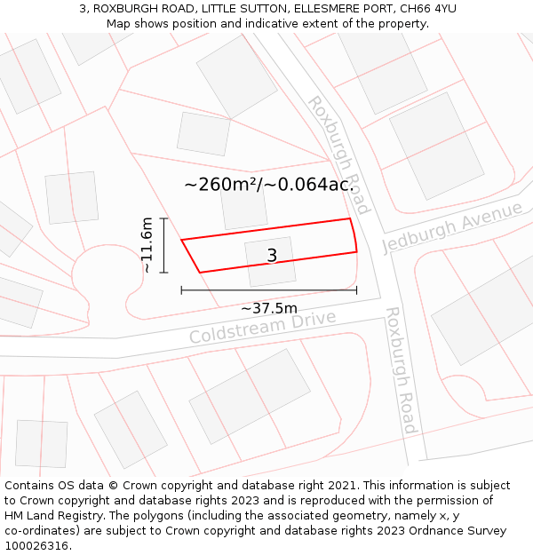 3, ROXBURGH ROAD, LITTLE SUTTON, ELLESMERE PORT, CH66 4YU: Plot and title map