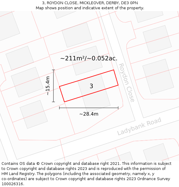 3, ROYDON CLOSE, MICKLEOVER, DERBY, DE3 0PN: Plot and title map