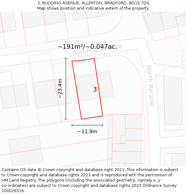 3, RUDDING AVENUE, ALLERTON, BRADFORD, BD15 7DS: Plot and title map