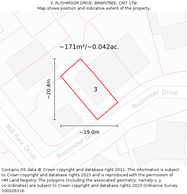 3, RUSHMOOR DRIVE, BRAINTREE, CM7 1TW: Plot and title map