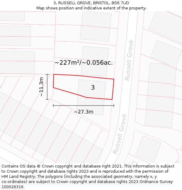 3, RUSSELL GROVE, BRISTOL, BS6 7UD: Plot and title map