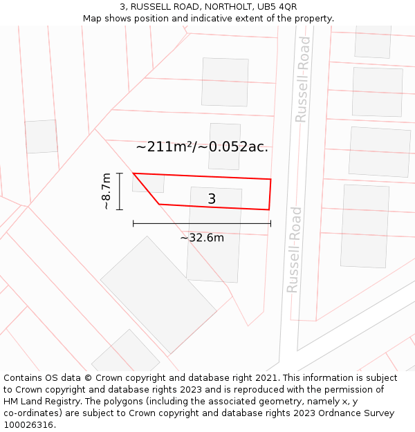 3, RUSSELL ROAD, NORTHOLT, UB5 4QR: Plot and title map