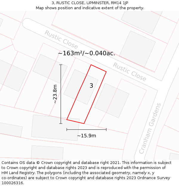 3, RUSTIC CLOSE, UPMINSTER, RM14 1JP: Plot and title map