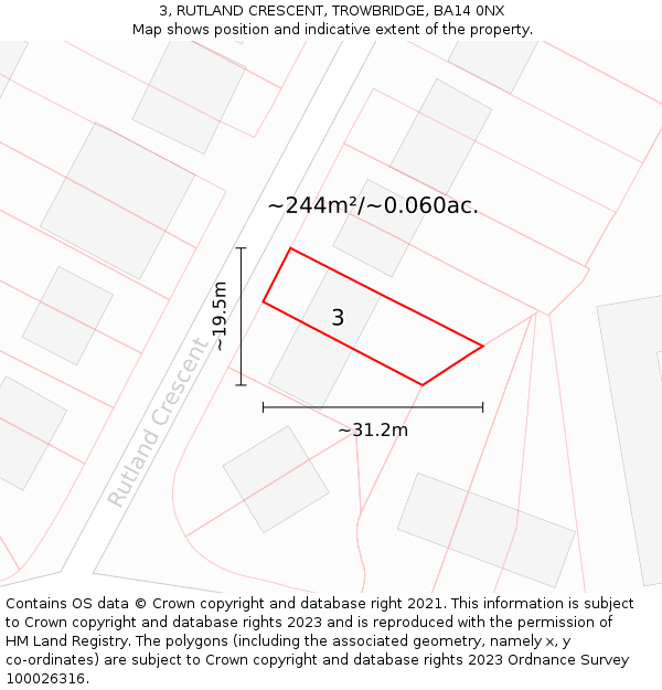 3, RUTLAND CRESCENT, TROWBRIDGE, BA14 0NX: Plot and title map
