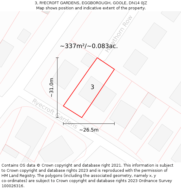 3, RYECROFT GARDENS, EGGBOROUGH, GOOLE, DN14 0JZ: Plot and title map