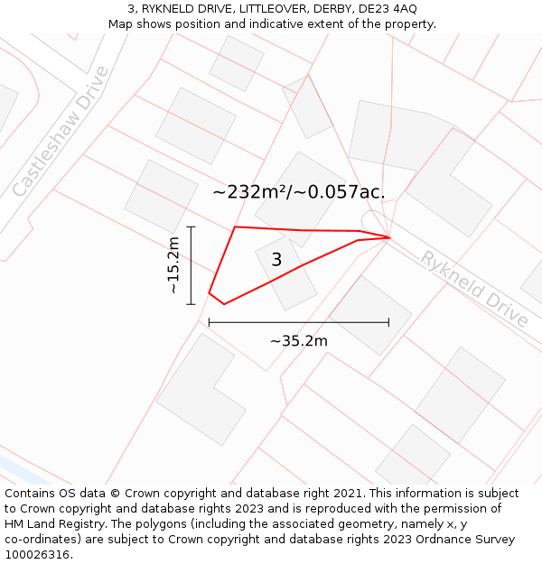 3, RYKNELD DRIVE, LITTLEOVER, DERBY, DE23 4AQ: Plot and title map