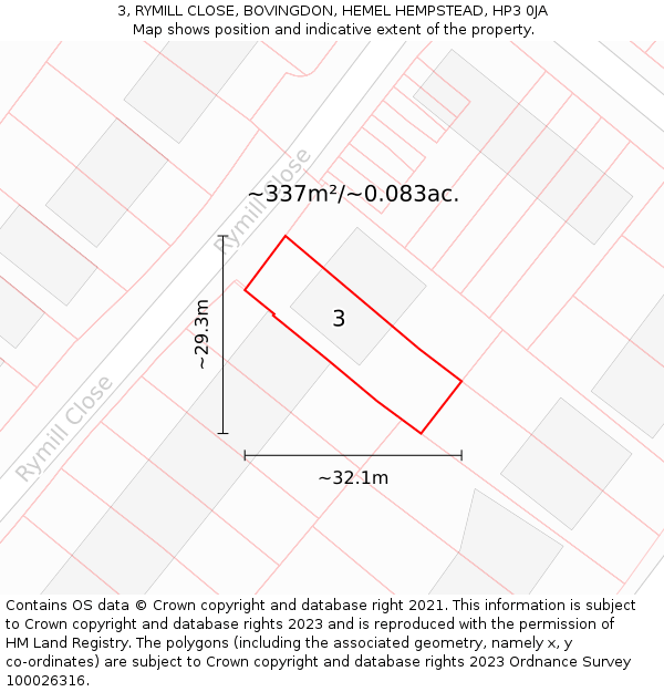 3, RYMILL CLOSE, BOVINGDON, HEMEL HEMPSTEAD, HP3 0JA: Plot and title map