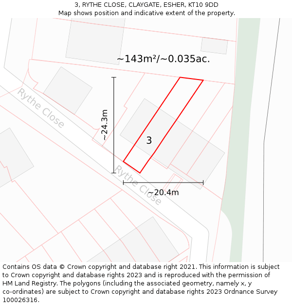 3, RYTHE CLOSE, CLAYGATE, ESHER, KT10 9DD: Plot and title map