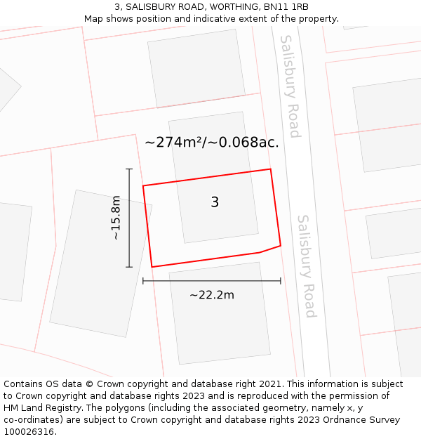 3, SALISBURY ROAD, WORTHING, BN11 1RB: Plot and title map