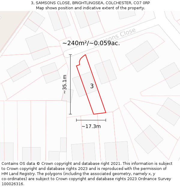 3, SAMSONS CLOSE, BRIGHTLINGSEA, COLCHESTER, CO7 0RP: Plot and title map