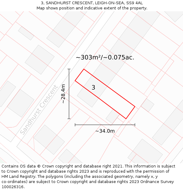 3, SANDHURST CRESCENT, LEIGH-ON-SEA, SS9 4AL: Plot and title map