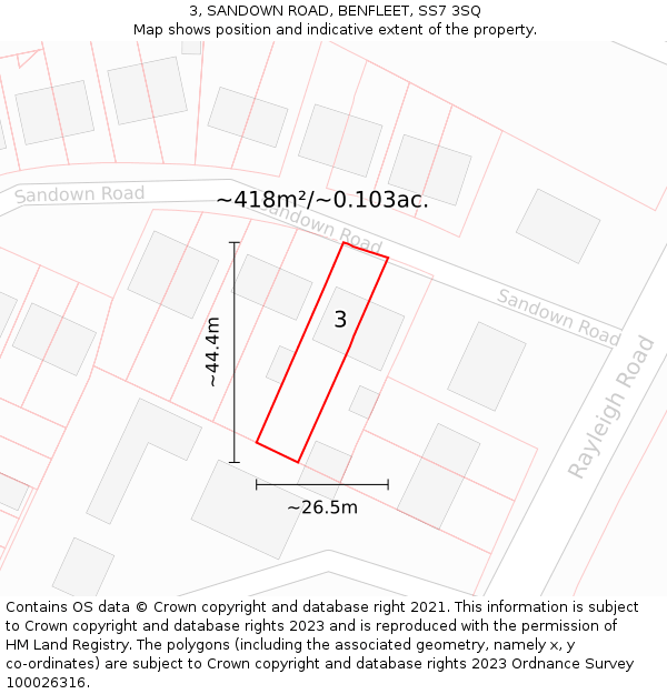 3, SANDOWN ROAD, BENFLEET, SS7 3SQ: Plot and title map