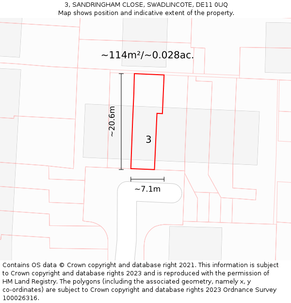 3, SANDRINGHAM CLOSE, SWADLINCOTE, DE11 0UQ: Plot and title map