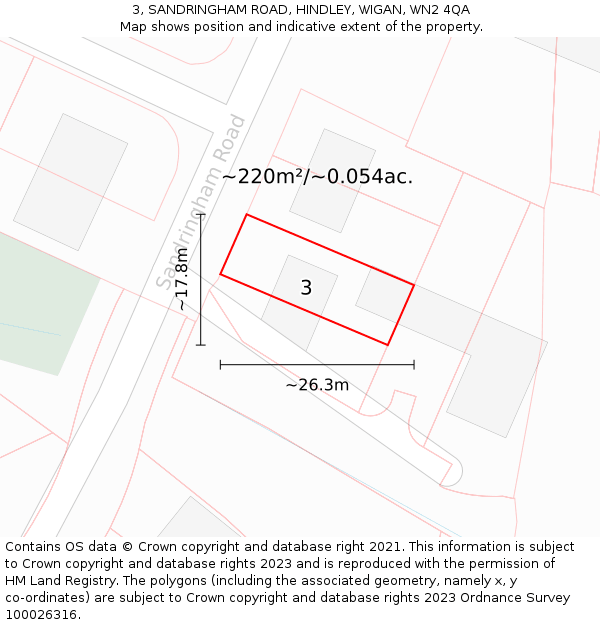 3, SANDRINGHAM ROAD, HINDLEY, WIGAN, WN2 4QA: Plot and title map