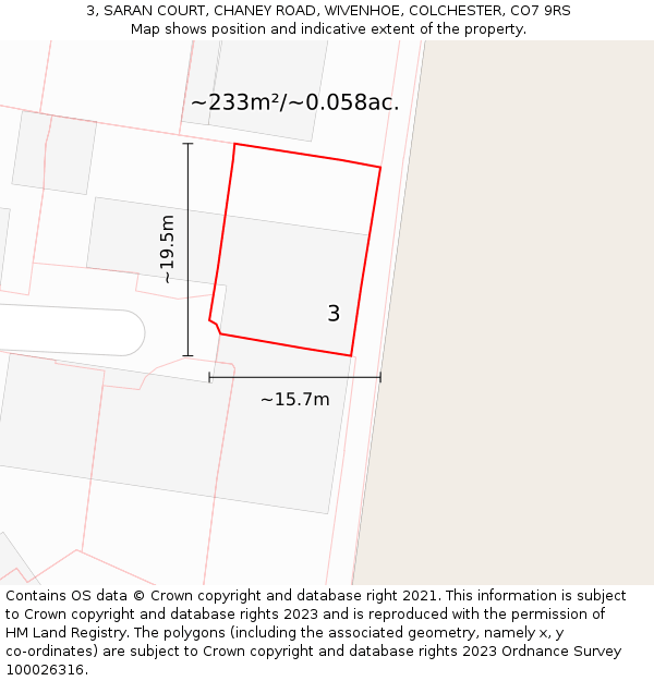3, SARAN COURT, CHANEY ROAD, WIVENHOE, COLCHESTER, CO7 9RS: Plot and title map