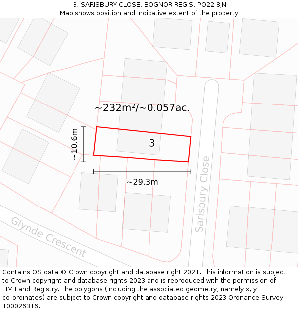 3, SARISBURY CLOSE, BOGNOR REGIS, PO22 8JN: Plot and title map