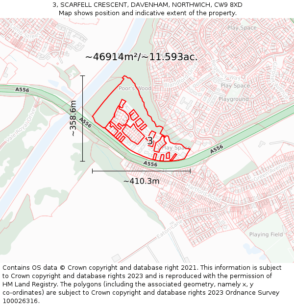 3, SCARFELL CRESCENT, DAVENHAM, NORTHWICH, CW9 8XD: Plot and title map