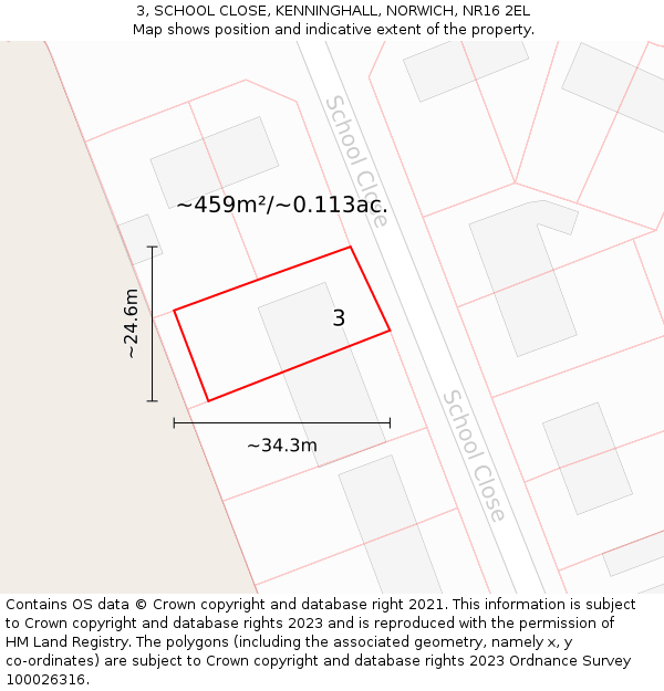 3, SCHOOL CLOSE, KENNINGHALL, NORWICH, NR16 2EL: Plot and title map