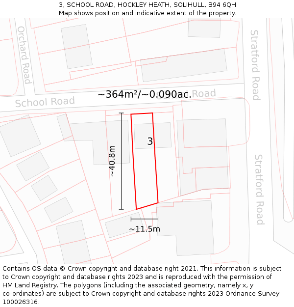 3, SCHOOL ROAD, HOCKLEY HEATH, SOLIHULL, B94 6QH: Plot and title map