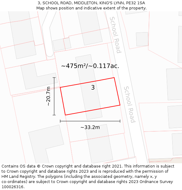 3, SCHOOL ROAD, MIDDLETON, KING'S LYNN, PE32 1SA: Plot and title map