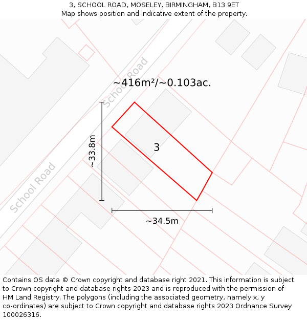 3, SCHOOL ROAD, MOSELEY, BIRMINGHAM, B13 9ET: Plot and title map